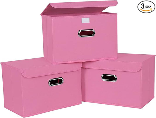 Linen Fabric Foldable Collapsible Storage Cube Bin Organizer Basket Fabric Storage Bins with Lid, Leather Handles, Removable Divider for Home, Closet, Pink 3Pcs