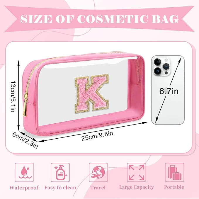 Personalized Initial Letter Clear Makeup Bag, Preppy Small Nylon & PVC Cosmetic Zipper Bag with Chenille Letter, Portable Beach Travel Skincare Toiletry Bag, Trendy Monogram Gift for Teen Girls Women, K