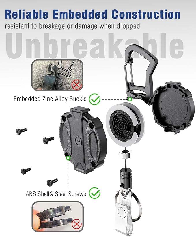 2Pack Heavy Duty Ret retractable Keychain, Unbreakable Embedded Body with 30.5" Dyneema Cord, Tactical ID Badge Holder Reel Carabiner Clip with Secure Magnetic Closure for Men, Holds 25oz