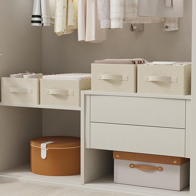 Collapsible Organizer Boxes, Fabric Storage Bins, Cube Baskets for Organizing Home, Office and Closet, Grey and Beige, 2 Pack, 16.1x9.8x6.4in