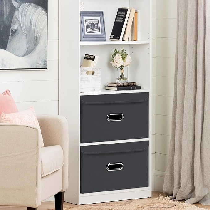 Fabric Foldable Collapsible Storage Cube Bin Organizer Basket with Lid, Handles, Removable Divider for Home, Closet (Grey, 6Pcs)