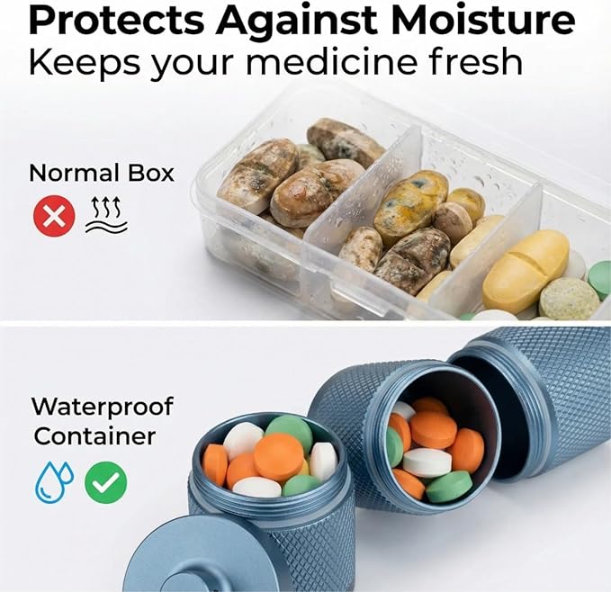 Waterproof Keychain Pill Holder - Compact, Portable, and Secure Pill Box with 3 Compartments - Pocket-Sized Pill Case and Container for Daily Medication on The Go, Blue