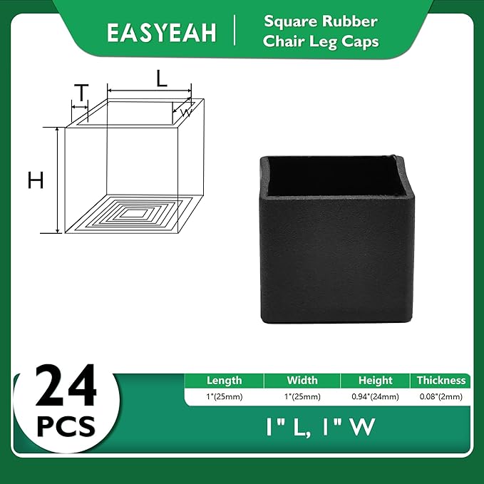 EASYEAH 1" (25mm) Square Chair Leg Floor Protectors, Black Rubber Chair Leg Caps, Non-Slip Patio Furniture Feet Cap, PVC Chair Feet Covers for Hardwood Floors, Tables & Patio Furniture, 24pcs
