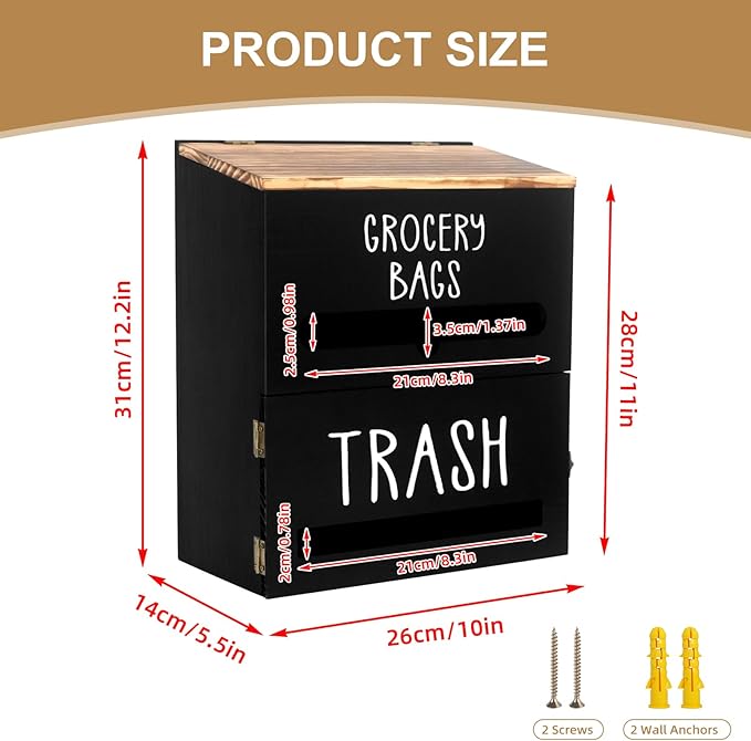2-in-1 Trash Bag Dispenser, Double Wall-Mounted, Wood Trash Bag Holder, for kitchen, garage, laundry room, can store eco-friendly food bags and trash bags (Black)