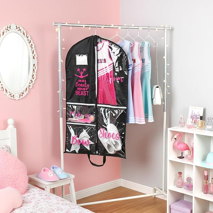 DEEKA Cheer Garment Bag for Hanging Clothes with Zipper Pockets Cheer Accessories Mom Essentials Uniform Costume 40 Inch Black Bags Stuff for Cheerleading Girls (Black,Hot Pink-Cheer Quote)