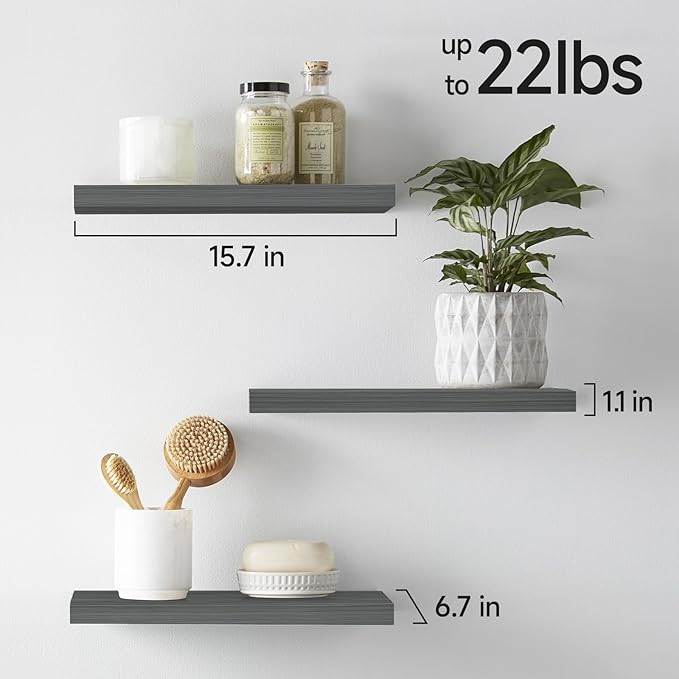 BAYKA Grey Floating Shelves for Wall, Wall Mounted Rustic Wood Shelves for Bathroom, Bedroom, Living Room, Kitchen, Small Hanging Shelf for Books/Storage/Room Decor (Set of 3, 15.7in)
