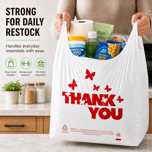 YoYoRain 1000 Pack White Thank You T-Shirt Bags with Handles, 11"x6"x21" Durable HDPE Plastic Carry-Out Shopping Bags for Grocery, Retail, Takeout & Small Business