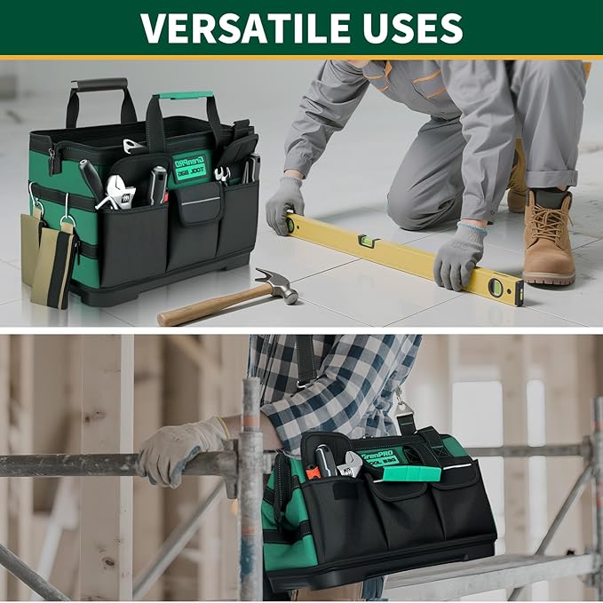 Tool Bag 16 Inch Heavy Duty, 18-Pocket Molded Bottom Toolbox Organizer, Portable Waterproof, Upgraded Handle Tool Bag with Adjustable Shoulder Strap for Mechanics, DIY, Dad Birthday Gift