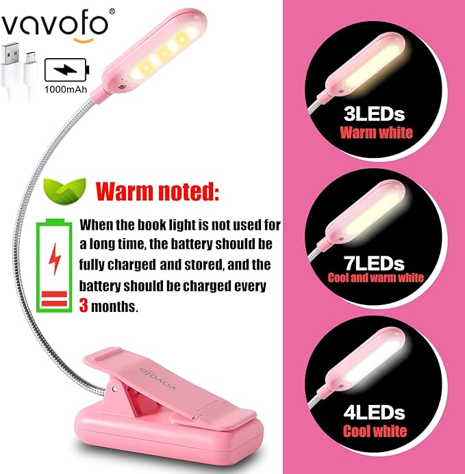 VAVOFO Rechargeable Book Light for Reading in Bed Kids, 7 LED Reading Light with 9-Level Warm Cool White Daylight, Eye Care Lamp with Power Indicator for Bookworms (Pink)
