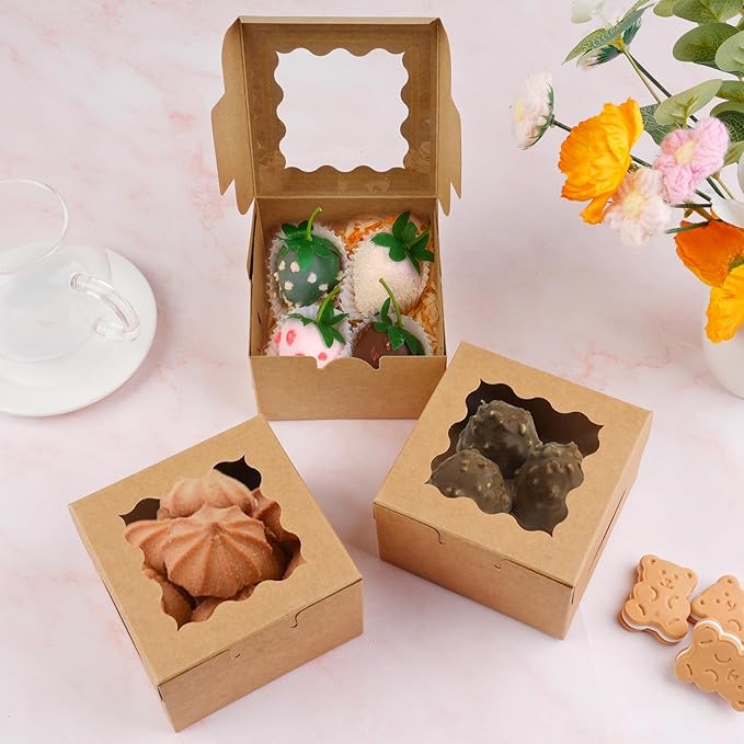 WINKIO 24pcs Brown Cookie Boxes, 4x4x2.5 Inches Bakery Boxes with Window, for Mini Cake Treat Dessert Pastry Donuts Macaroon Strawberries Chocolate Candy (with Stickers)