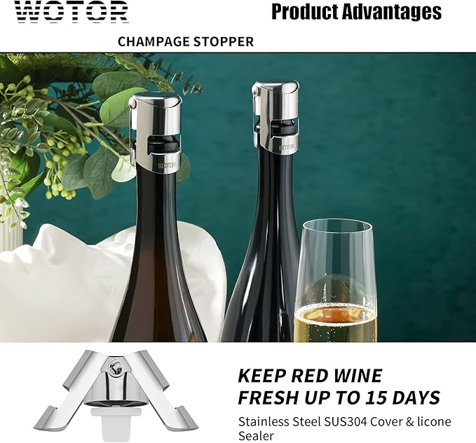 WOTOR Stainless Steel Champagne Stoppers - Champagne Bottle Stoppers with Silicone Seal, Reusable Cork & Saver, Suitable for Prosecco & Sparkling Wine, Silver, 3 Pack