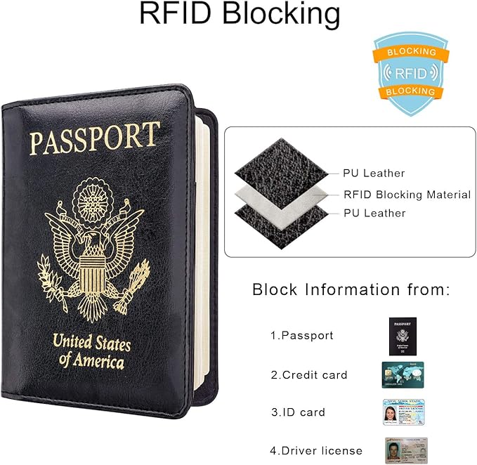 WALNEW Passport Holder for Travel, RFID Passport Cover Wallet for Women Men, PU Leather Passport Book Card Holder Case with Pen, Travelling Essentials for Flying