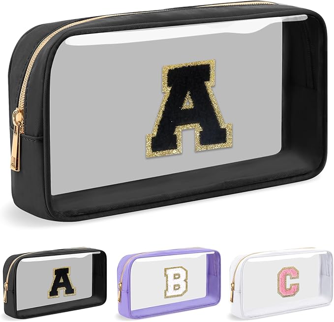 Personalized Initial Letter Clear Makeup Bag, Preppy Small Nylon&PVC Cosmetic Zipper Bag with Chenille Letter, Travel Skincare Toiletry Bag, Monogram Christmas Gift for Teen Girls Women, A