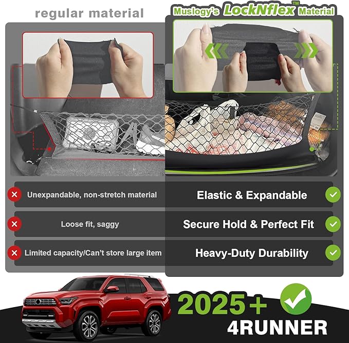 Muslogy Envelope Style Trunk Cargo Net Compatible with 2025 Toyota 4Runner Accessories Custom Fit Trunk Organizer Upgraded Mesh Storage Luggage Net with Metal Hooks