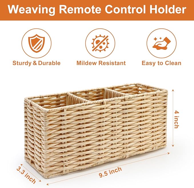 TV Remote Control Holder for Table Bedside Remote Caddy Storage Organizer Couch Nightstand Remote Box TV Controller Holder for Cutlery Silverware Desk Pen Organizer Wicker Decor Utensil Caddy Basket