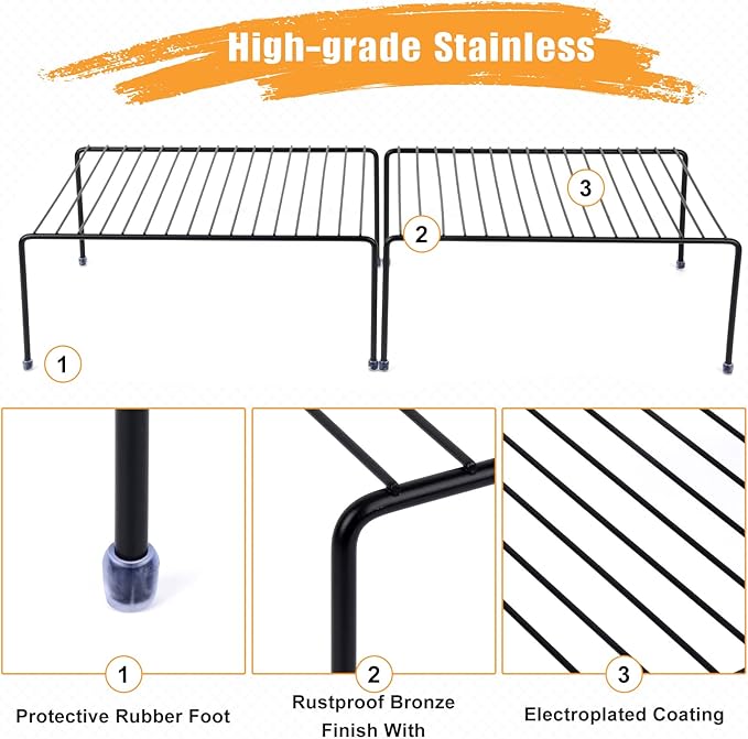Kitchen Cabinet Storage Shelf Rack/Plastic Feet - (13.1 x 10.2 Inch) - Steel Metal - Rust Resistant Finish - Cups, Dishes, Cabinet & Pantry Organization (6, Black)