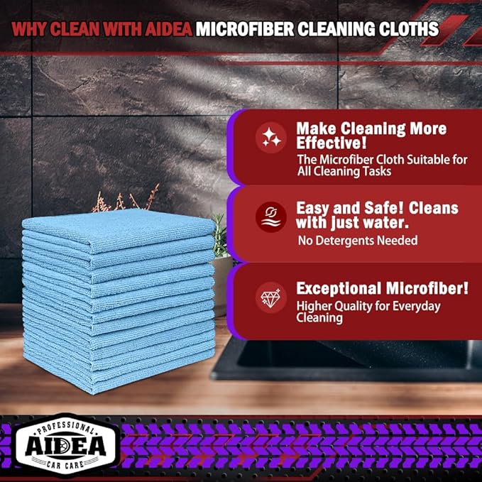 AIDEA Microfiber Cleaning Cloth Blue, 150PK, Shop Rags, Microfiber Towels for Cars, Dusting Cloth Lint Free Rags, Absorbent Towels for SUVs, House, Kitchen, Mechanic, Workshops, 12"×12"