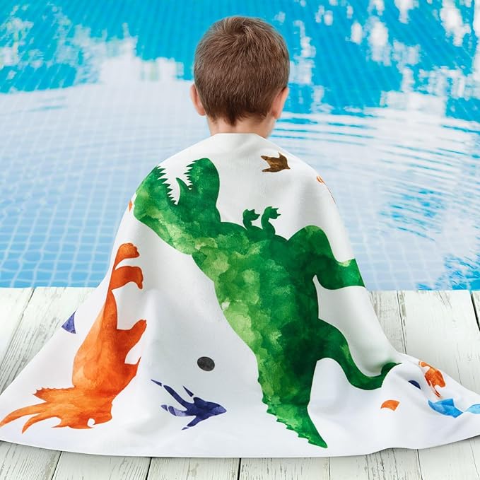 WERNNSAI Dinosaur Kids Beach Towel for Boys - 30” x 60” Pool Towels Personalized Beach Towels for Boys Kids Quick Dry Ultra Absorbent Super Soft Beach Blanket Camping Travel Swimming Bath Shower Towel