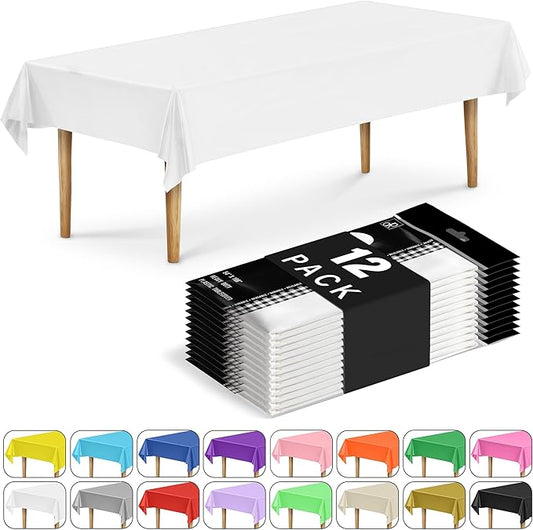 DecorRack 12 Rectangular Tablecloths BPA-Free Plastic, 54 x 108 inch, Dining Table Cloth, Rectangle Table Cover for Parties, Picnic, Camping and Outdoor, Disposable or Reusable, White (12 Pack)