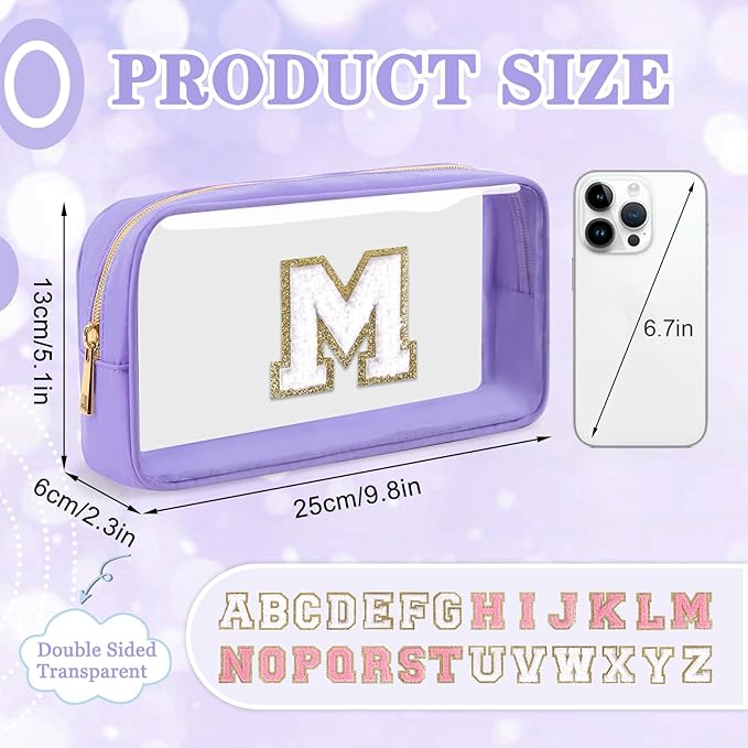 Small Clear Personalized Initial Makeup Bag,Nylon Preppy A-Z Chenille Letter Patch Cosmetic Pouch Beach Toiletry Bag,Waterproof Zip Travel Purse Storage Bag Organizer for Women Girls(Purple-White M)