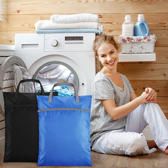 2 Pcs Travel Laundry Bags Waterproof with Handle Dirty Clothes Bag for Traveling Hanging Laundry Hamper with Two Zippered Pockets Washable Reusable for Sports Home Travel College Dorm (Black, Blue)