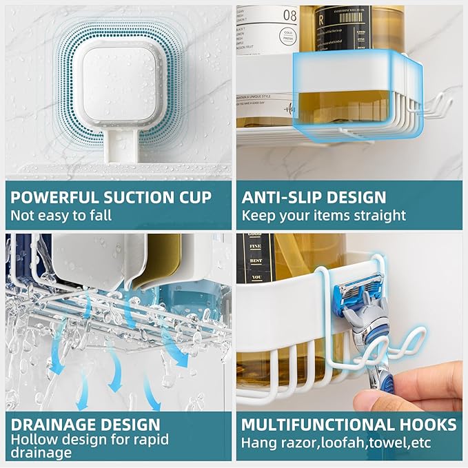 TAILI Shower Caddy Suction Cup 2 Pack, Stainless Steel Rustproof Shower Shelves, No Drilling Wall Mounted Basket, Large Capacity, Removable Suction Cup Bathroom Organizers & Home Decor, White
