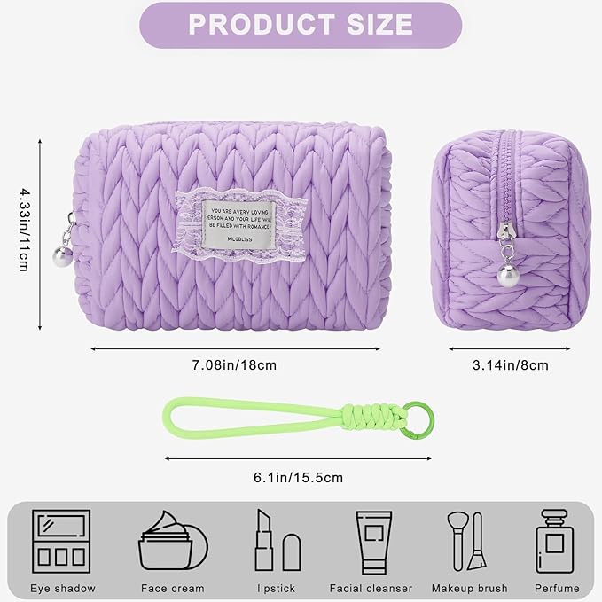 DOB SECHS Small Puffer Makeup Bag Quilted Cosmetic Bag with Handle, Cute Makeup Pouch for Purse, Cotton Woven Puffy Toiletry Bag for Women Mini Quilt Travel Essentials Organized Zipper Pouches, Purple