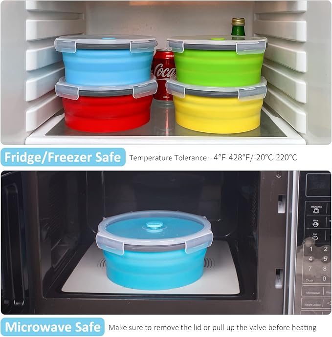 Collapsible Food Storage Containers with Airtight Lid, 40.5 oz, Kitchen Stacking Silicone Collapsible Meal Prep Container Set for Leftovers, Microwave, Freezer, Dishwasher Safe, 4 Colors Round, Set of 4