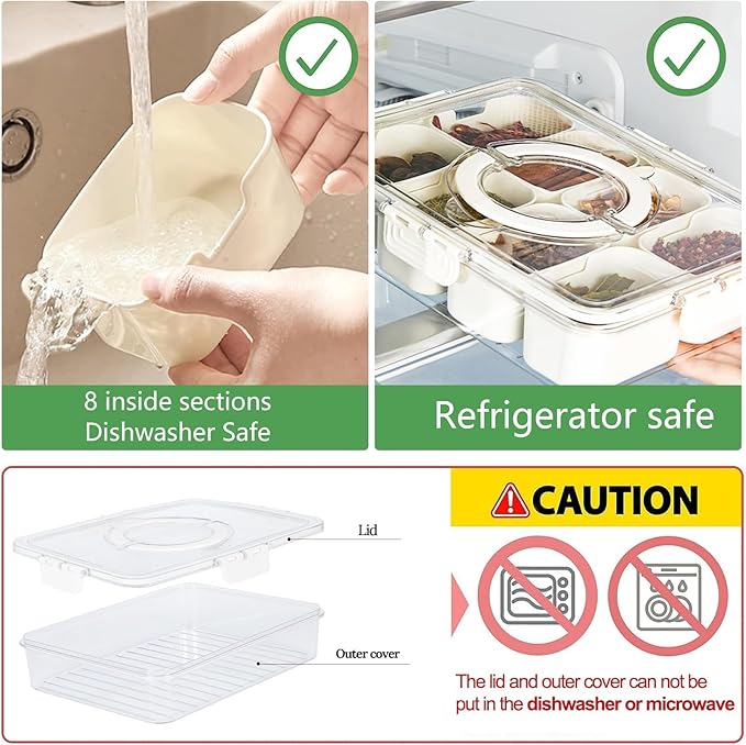 Divided Serving Tray with Lid and Handle,Portable Snackle Box Charcuterie Container,for Portable Snack Platters - Clear Organizer for Candy, Fruits, Nuts, Snacks - Perfect for Party, Entertaining