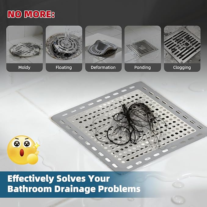 Hibbent Upgraded Shower Drain Hair Catcher, Shower Drain Cover for Bathroom Floor 6" Drain, Anti-Clogging Bathtub Drain Strainer, Stainless Steel Kitchen Sink Drain Strainer with Handle, Grey