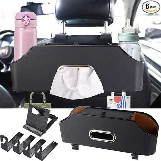 Abnaok Back Seat Car Organizer, 4-in-1 Multifunctional Car Back Seat Storage Box with Drink Cup Holder and Tissue Box, for Holding Phone, Snacks, Drinks, and Handbag