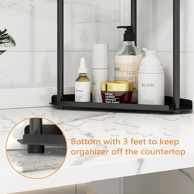2 Tier Bathroom Counter Organizer, Vanity Organizer Corner Shelf, Skincare, Makeup Countertop Organizers, Kitchen, Bathroom Counter Storage, Black