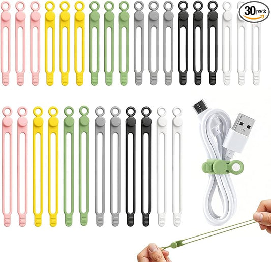30 Pcs Silicone Cable Ties, Reusable Data Cable Organizer Wire Organizers for Office, Multipurpose Elastic Cord Wraps Cable Management for Charging Cord,Appliances,Home,Office,Kitchen,School,Travel