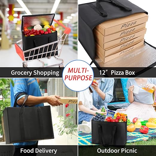 1-Pack Insulated Reusable Grocery Bags, X-Large Insulated Food Delivery Bag for Drivers/Catering/Rideshare, Commercial Food Warmer for Shopping, Tote Cooler Bags, Black