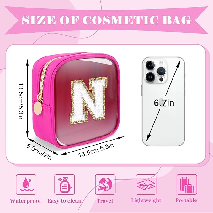 Personalized Initial Letter Clear Preppy Makeup Bag,Mini Nylon Chenille Letter Cosmetic Bag Cute Zipper Pouch Coin Purse for Teen Girls,Portable TSA Approved Travel Essentials Bag Gift for Women,N