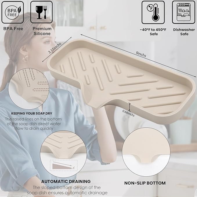 YASMEN Silicone Bathroom Soap Dishes, Sink Sponge Holder for Kitchen, Rubber Soap Dish with Drain, Shower Soap Sponge Tray, Sink or Counter Organizer, for Bar Soap, Bottle, Dish Soap Dispenser-Tapioca