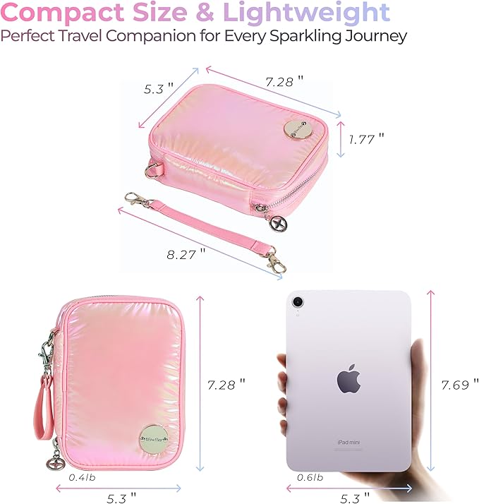 Travel Jewelry Organizer Case with Zipper and Mirrored Charm, Small Portable Jewelry Storage Bag for Rings, Necklaces, Earrings, Travel Pouch, Christmas Winter Gift for Her, Holographic Pink