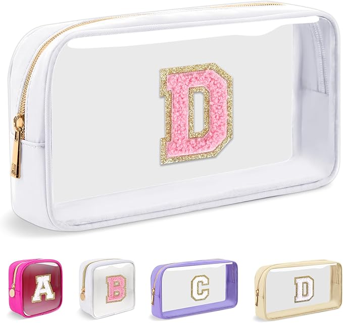 Small Clear Personalized Initial Makeup Bag,Nylon Preppy A-Z Chenille Letter Patch Cosmetic Pouch Beach Toiletry Bag,Waterproof Zipper Travel Purse Storage Bag Organizer for Women Girls(White-Pink D)