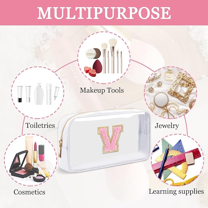 Small Clear Personalized Initial Makeup Bag, Preppy Nylon A-Z Chenille Letter Patch Makeup Organizer TSA Approved Travel Toiletry Bag,Waterproof Zip Beach Cosmetic Pouch Purse for Women(White-Pink V)