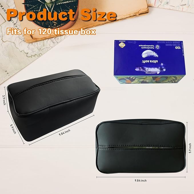 Large Car Tissue Holder for 120 Standard Tissues, Premium PU Leather Tissue Holder in Car Backseat Rectangular, Napkin Holder for Car Fits for Kleenex Tissues Box Daily Use Black