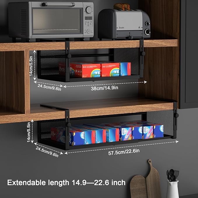AmonHouseware 2-Pack Under-Shelf Baskets, Adjustable Hanging Under Cabinet Shelf Storage, Length Stretchable 14.9-22.6 Inches for Kitchen Pantry Desk Counter Bookshelf Cupboard (Black)