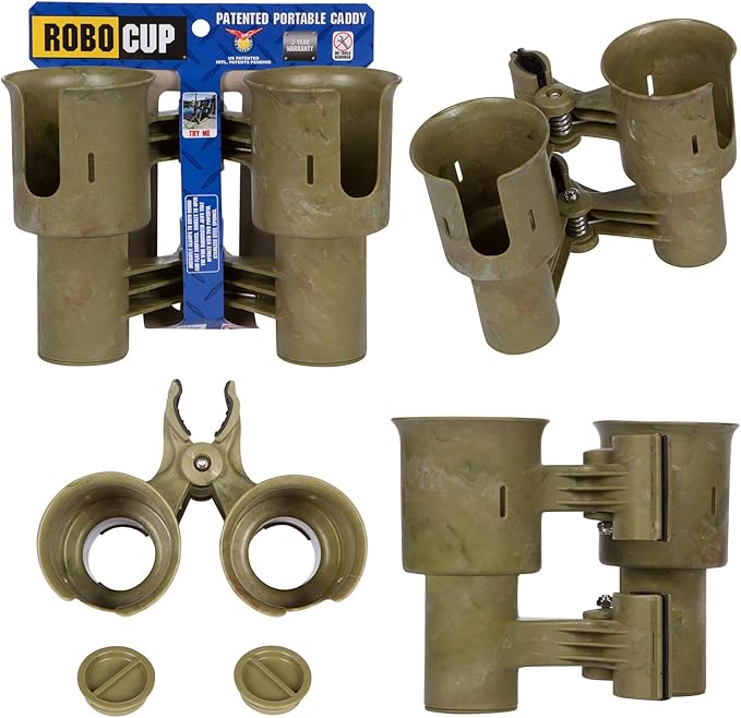 ROBOCUP, (Camo), Patented Boat Cup Holder, Clamp on Portable Storage Caddy Securely Holds 2 Drinks, Fishing Poles, Tools, Marine Gear | Perfect for Boating, Beach Umbrellas, Golf Carts
