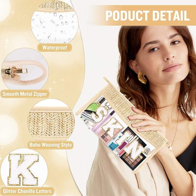 Clear Makeup Letter Patch Makeup Bag SKIN Pouch, Boho Clear Toiletry Bags Travel Small Cute Stadium Chenille Letter Cosmetic Zipper Pouch Purse, Women Transparent Waterproof Makeup Organizer Bag (SKIN)