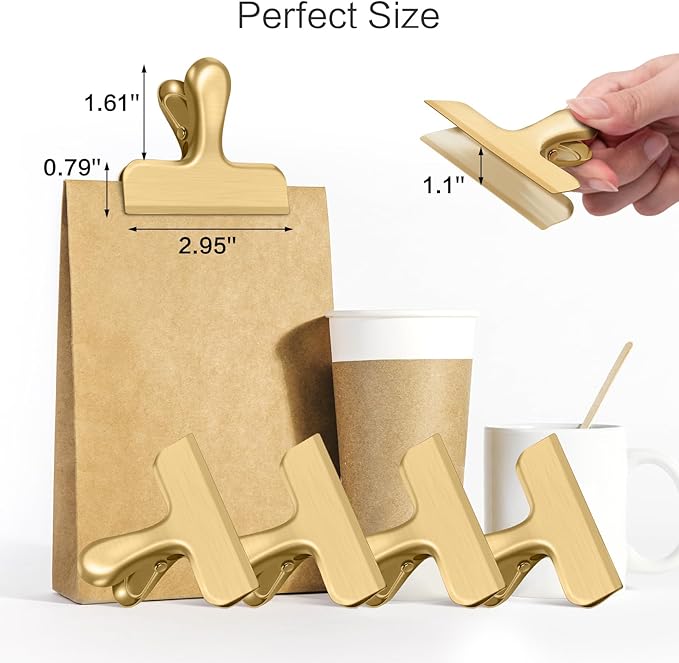 12 Pack Chip Clips, Stainless Steel Chip Bag Clips, Food Clip, Heavy Duty Bag Clip for Food Storage, Perfect for Kitchen Office Usage (Gold)