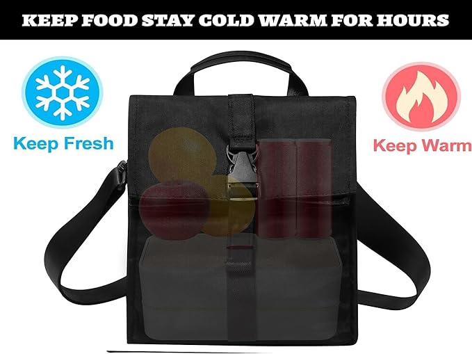 Insulated Foldable Lunch Bag - Lightweight Portable with Adjustable Shoulder Strap Lunch Box for Men, Women, Office, Work, Picnic, Hiking and Beach (Black (Soft Fabric))