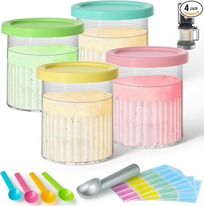 Creami Deluxe Pints & Lids Compatible with Ninja NC500 NC501 Series Ice Cream Makers, 24 Oz, BPA-Free, Dishwasher Safe, 4 Colors, with 5 Spoons & 64 Writable Labels, 4 Pack