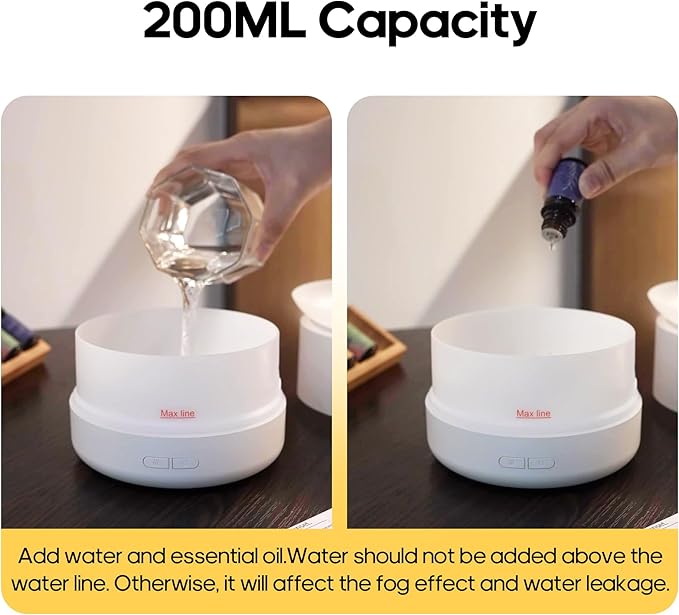 Essential Oil Diffusers, 200ml Aromatherapy Diffuser with, Cool Mist Humidifier with 2 Dynamic Modes, Small Diffuser with 7 Color Lights for Home Office Room -White