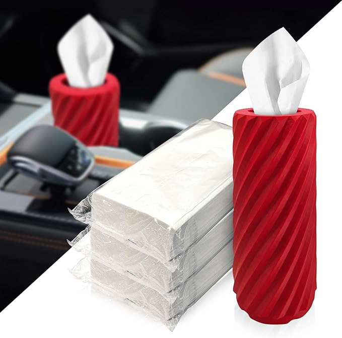 Car Tissue Holder, Refillable Round Cylinder with 3 Tissue Packs, Universal Fit for Vehicle Cup Holder, Home & Office, Car Accessories Interior (Red)