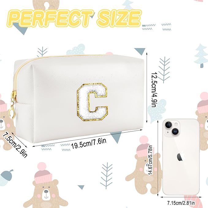 Gifts for Girls Initial Makeup Bag Personalized Cosmetic Bag with Zipper Cute Travel Toiletry Bags Waterproof PU Preppy Makeup Pouch Birthday Gift for Teen Girls Women(White C)