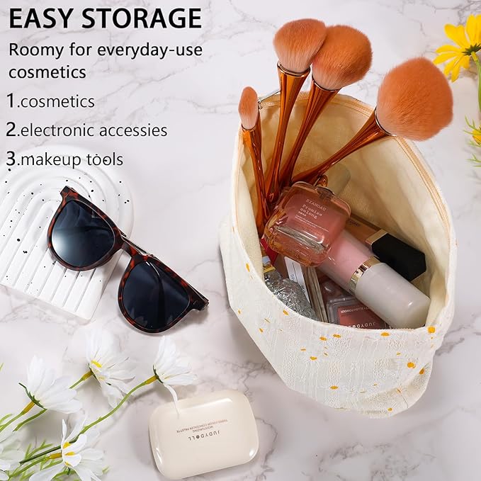 ZLFSRQ Daisy Flower Makeup Bag Travel Cute Floral Cosmetic Bags for Women Large White Toiletry Pouch Zipper Cosmetic Pouch for Purse Aesthetic Makeup Organizer Bag Portable Toiletry Bags